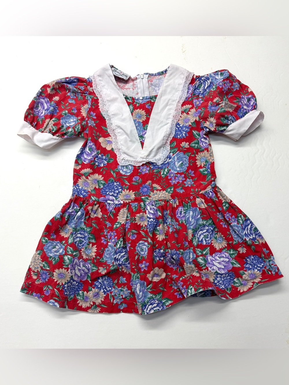 Vintage 80s 90s Demi Lass Red Floral Puff Sleeve Dress White Lace Collar